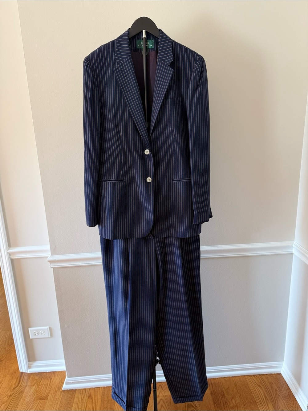 Lauren Ralph Lauren Women 16 Navy Pinstripe Pant Suit Wide Leg Cotton Silk